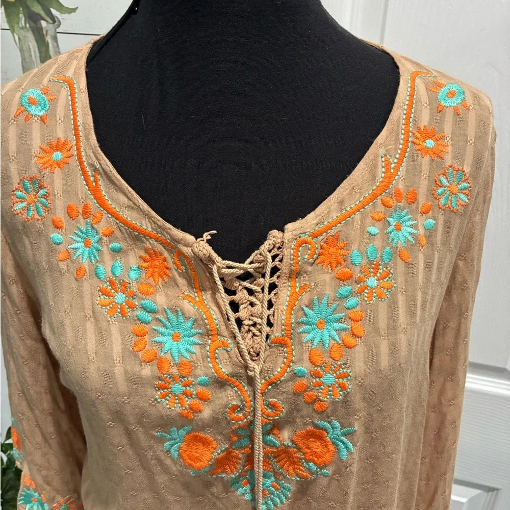 Umgee Tan Top with Orange and Blue Embroidery - Picture 2 of 6